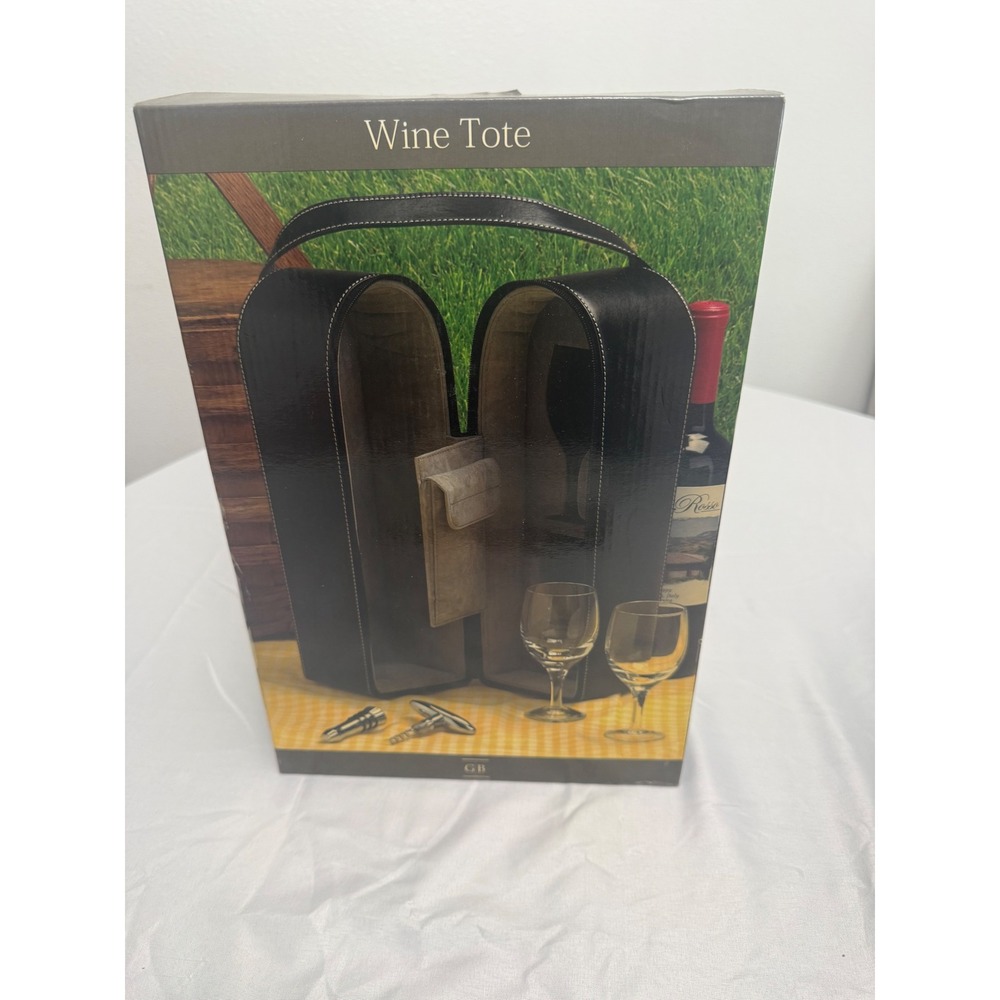 Geoffrey Beene Wine Tote Travel Case Black Leather Picnic Set with Accessories